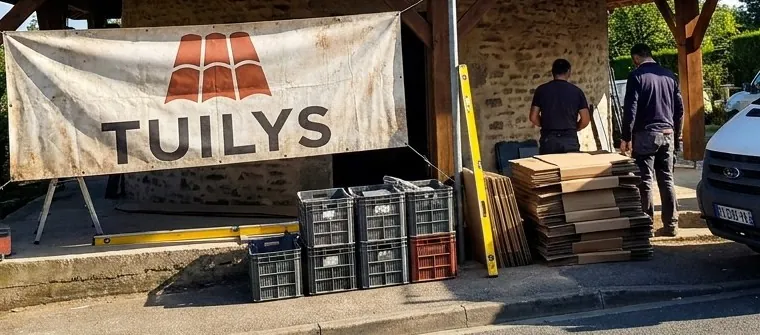 Chantier de couverture Tuilys en Essonne : bâche au nom de l'entreprise, caisses et cartons rangés le long du trottoir