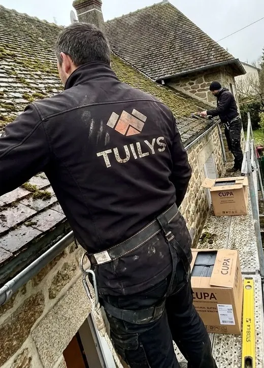 Couvreur Tuilys de dos en veste floquée, démoussage d'une toiture en tuiles plates près de Palaiseau