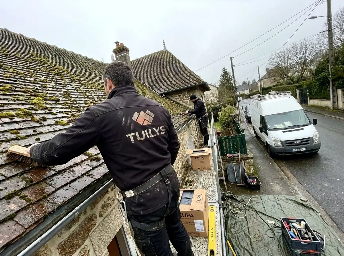 Démoussage à Palaiseau : couvreur Tuilys brossant à la main des tuiles plates couvertes de mousse, échafaudage le long de la maison en meulière