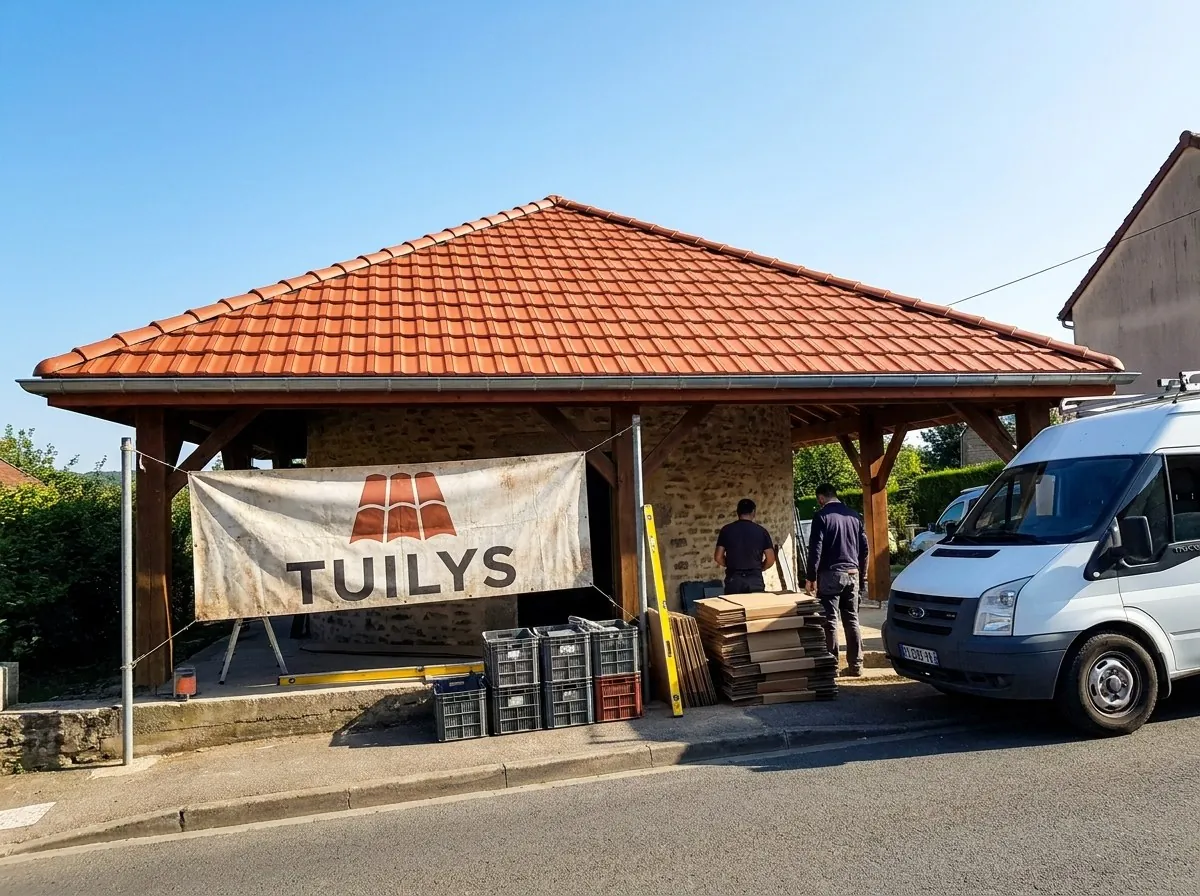 Couvreur Tuilys à Palaiseau : toiture neuve en tuiles mécaniques rouges terminée, bâche Tuilys tendue devant le chantier